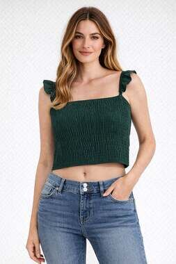ChicMe Smocked Ruffle Strap Crop Tank Top in Dark Green
